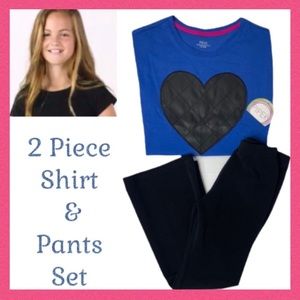 Girls Pants Set Dressy Black Pants Blue Embroidered Heart Top 2 Pc Girls Size 6X